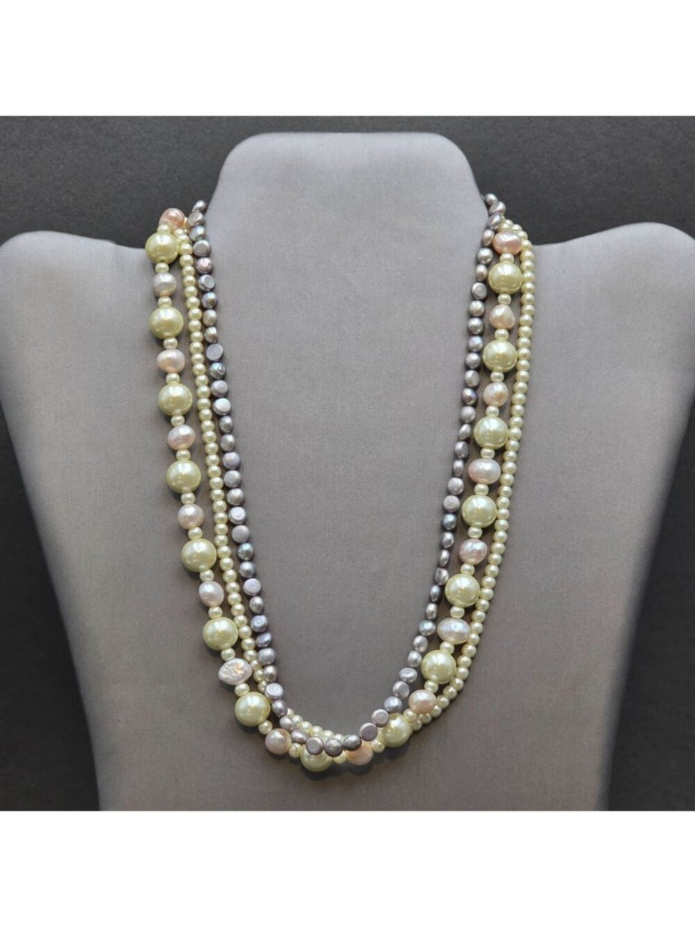 Vintage Sterling Silver Near Round Pastel Pearl Multi-Strand Necklace Multicolor
